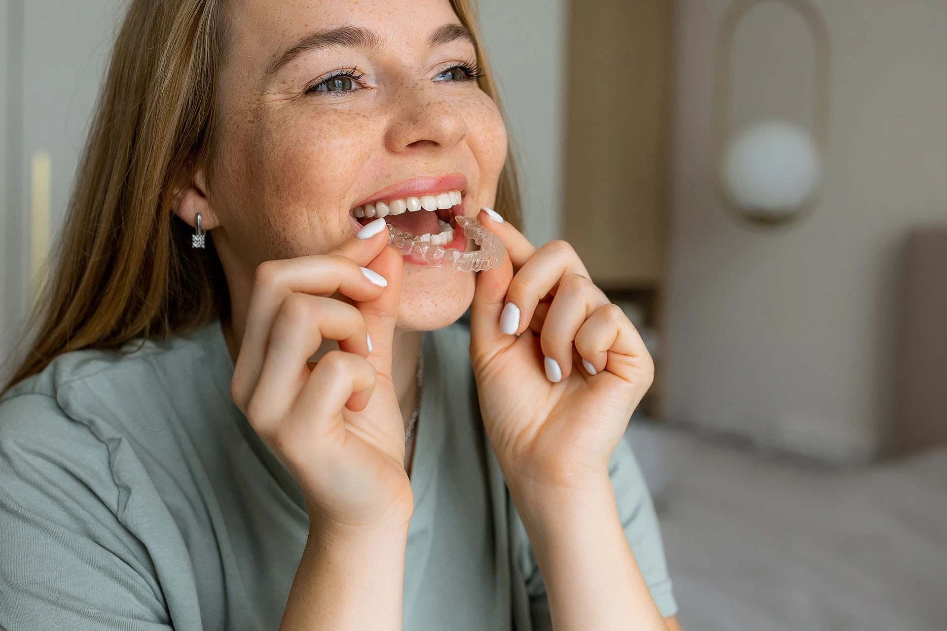Smiling freckled woman placing a clear aligner onto her teeth at home