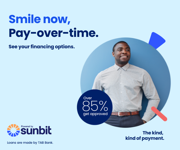 Promotional graphic showing a smile promo sunbit now pay over time male
