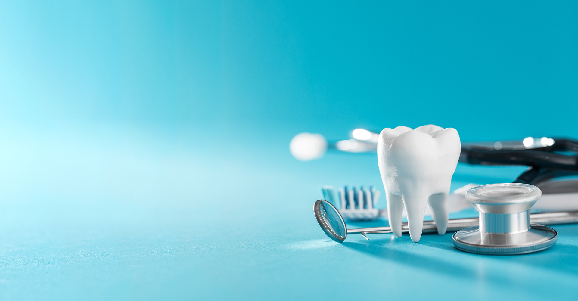 Illustration of tooth with toothbrush 3d, against a teal background