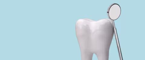 Illustration of tooth with mirror, against a blue background