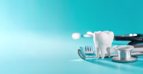 Illustration of tooth with toothbrush 3d, against a teal background