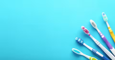 Toothbrushes flat lay, against a blue background